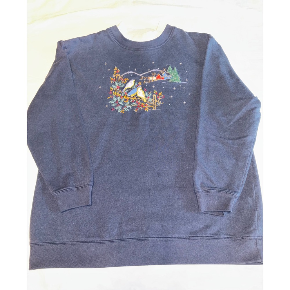 Bobby Brooks Embroidered Bird Winter Cabin Sweatshirt Navy Blue Cottagecore M